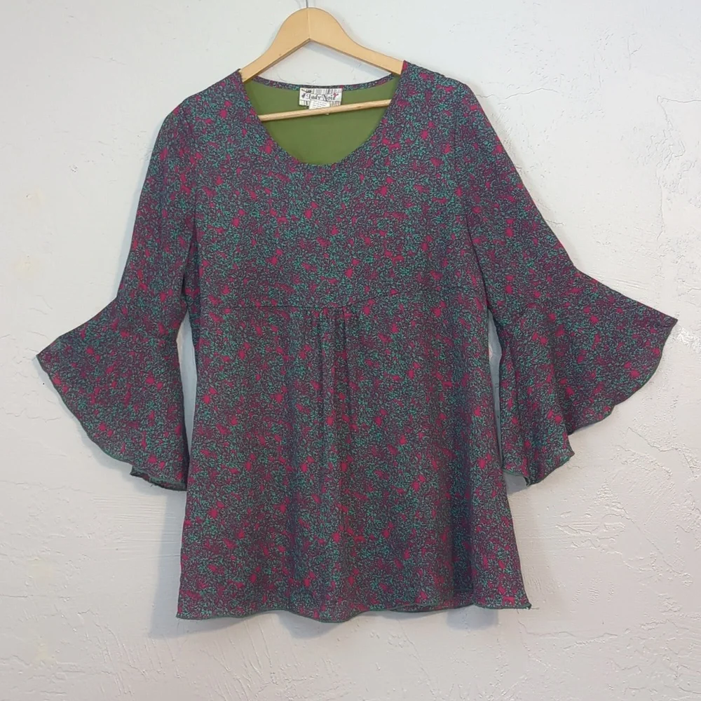 LadyNoiz Colorful Funky Artsy Retro MCM Floral Boho Hippie Bell Sleeve Tunic Top - Picture 4 of 7